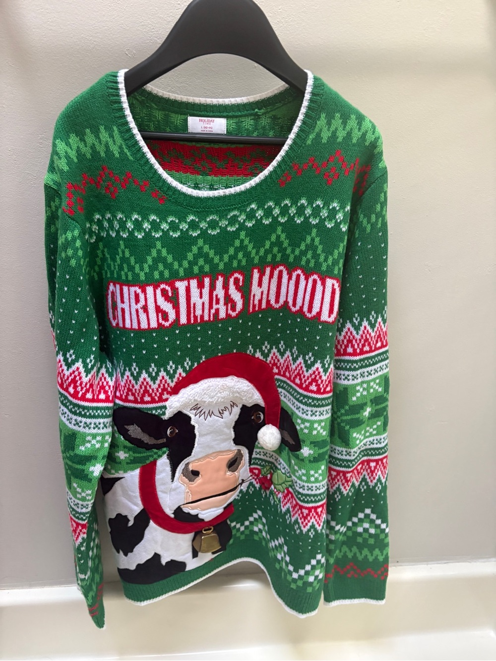 Holiday Time Green Cow Christmas Sweater with Red and White Accents